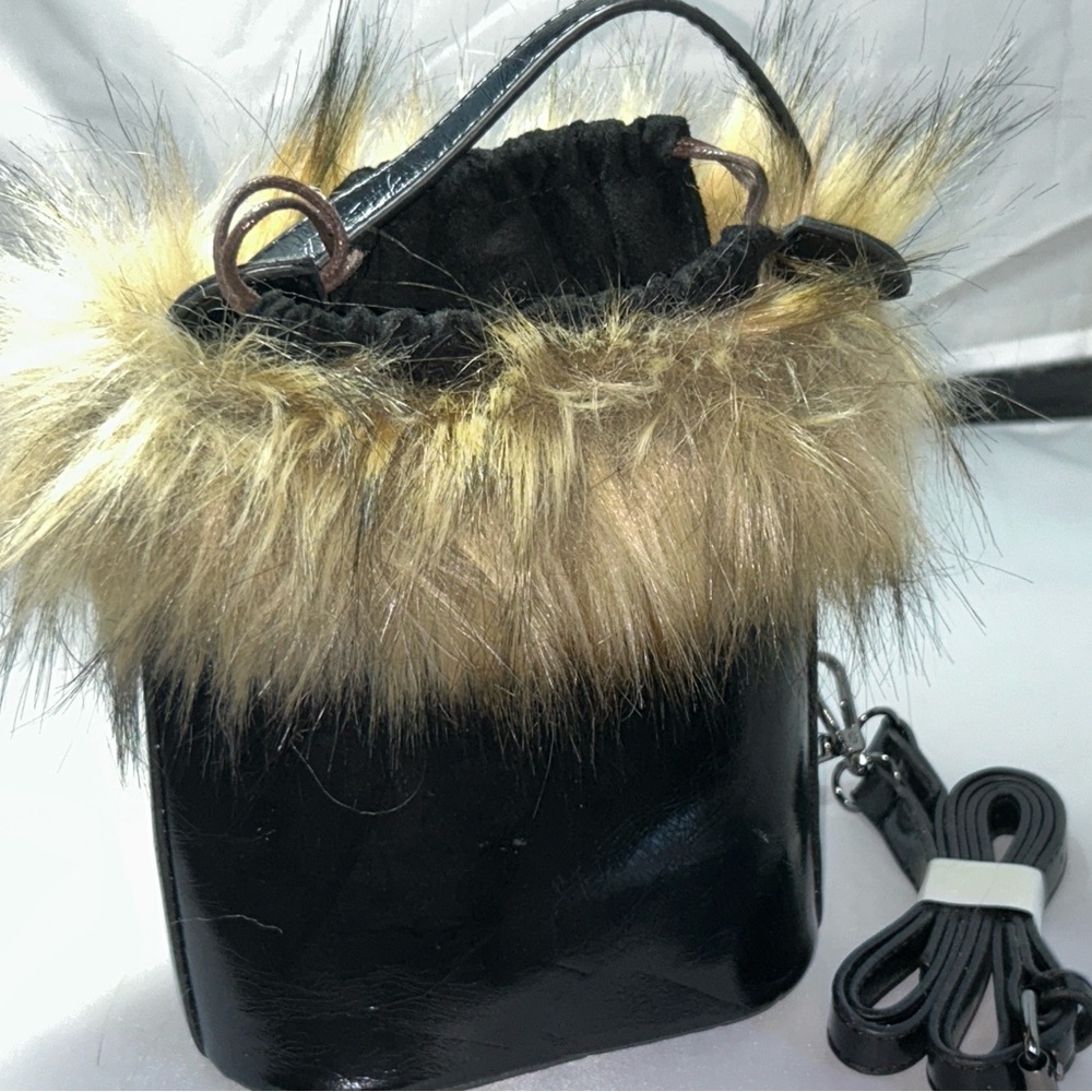 Black Faux Fur Bucket Bag with Drawstring Closure